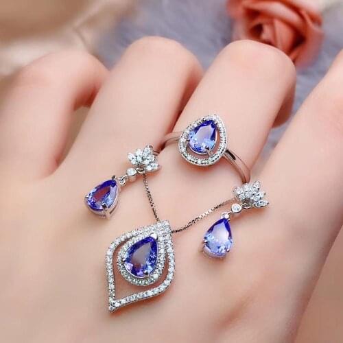 100% Natural and Real Tanzanite Jewelry set 925 sterling silver 1pc Ring,1pc Pendant,2pcs Earring