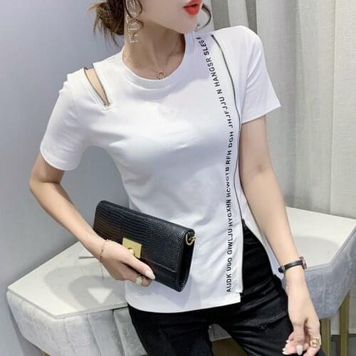 #6061 White Black Hip Hop T Shirt Women With Zipper Cotton Letters Printed T Shirt Short Sleeves Harajuku Short T-shirt Summer