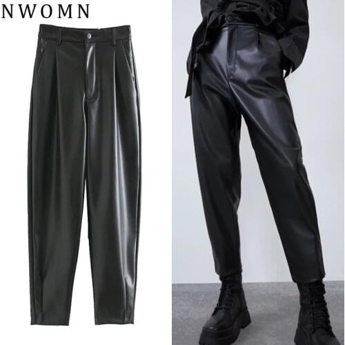 NWOMN Za Black Pants For Women 2021 Autumn PU Faux Leather Pant High Waisted Woman Trousers Fashion Pleat Streetwear Y2k Pants