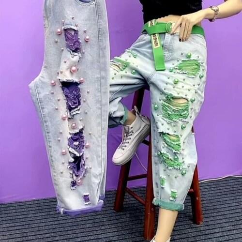 Summer Women New Fashion Beaded Holes Loose Jeans Ladies High Waist Personality Thin Denim Harem Pants Y2k Mom Ripped Jean Green