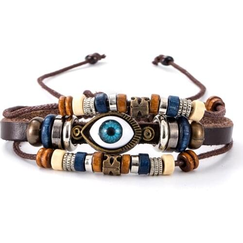 Eif Dock Punk Handmade Turkish Evil Eye Multilayer Leather Bracelet Man Woman Bronze Charm Jewelry Bangle Bijouterie 2020 Hots