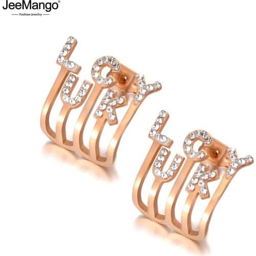 JeeMango Trendy 316L Stainless Steel Rhinestone Lucky Party Earrings For Women Rose Gold CZ Crystal Earrings Jewelry JE20073