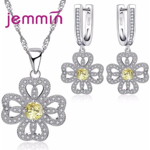 High Quality 925 Stamp Sterling Silver Yellow Austrian Crystal Women Jewelry Set Flower Pendant Earrings+Necklace Sets