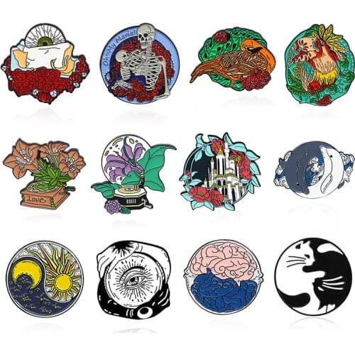 Sun moon yin Yang round Enamel Brooch Skeleton rose bird Ladybug brain Sailboat dolphin Lapel Pin Flower music box Custom Badge