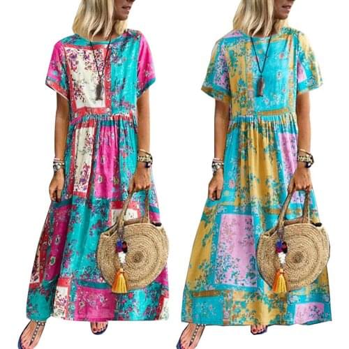 Summer Beach Boho Women Color Block Flower Print Short Sleeve Loose Maxi Dress