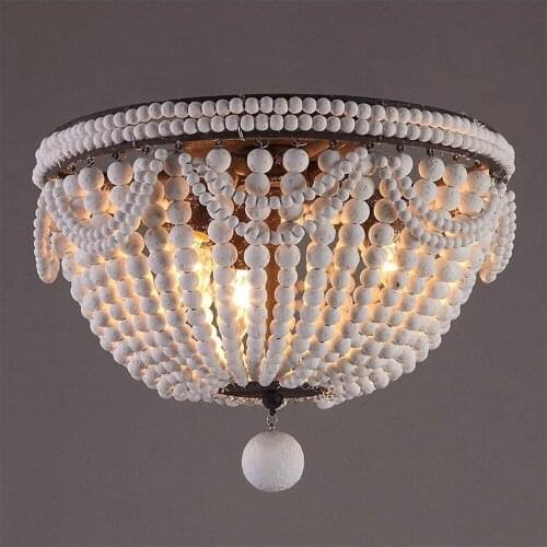 French Country White Wood Bead Chandelier Dining room Bedroom Princess Decorative Kitchen Island hanging light fixture