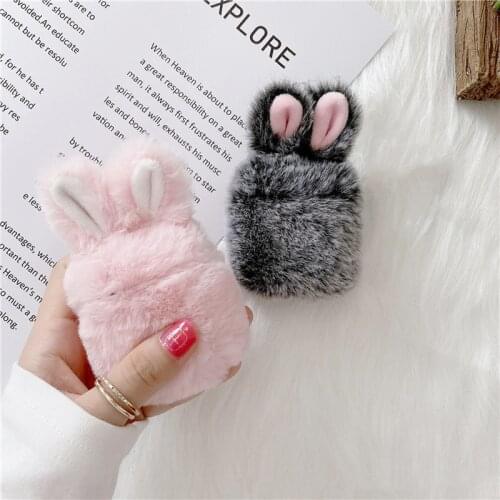Soft Rabbit Ear Fur Case for Apple AirPods 1 2 Wireless Charging Fluffy Box with Carabiner Plush Cover for Airpods Pro Case Capa