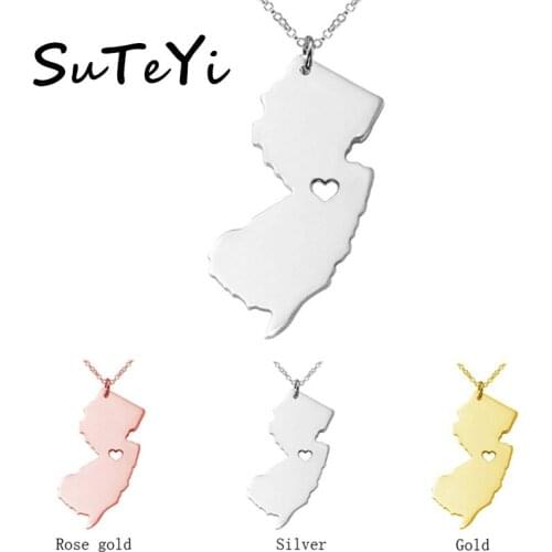 SUTEYI New Jersey State Necklace Rose Gold Silver Plated USA JY Map Pendants Necklaces For Women Men Gifts
