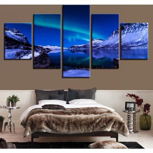 HD Printed Picture Unframed Canvas Wall Art Living Room 5 Pieces Aurora Borealis Iceberg Ocean Landscape Home Decor Painting