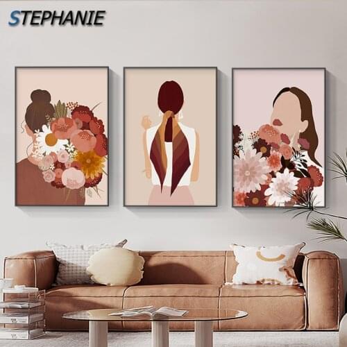 Nordic Fashion Flowers Woman Canvas Painting Modern Girl Wall Art Prints Posters Boho Plant Leafs Decor Picture for Living Room