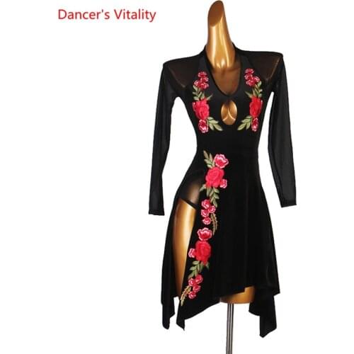 Latin Dance Dress Mesh Embroidery Skirt Long Sleeve Performance Clothes Profession Custom Adult Child Competition Clothing