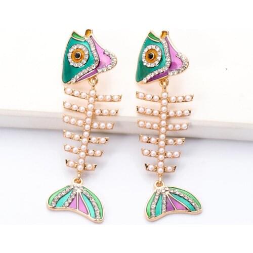 Minar Retro Imitation Pearls Fishbone Pendant Earrings for Women Colorful Enamel Rhinestones Fish Drop Dangle Earrings Brincos