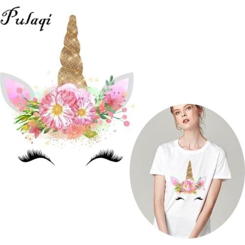 Pulaqi Hippie Unicorn Iron On Heat Transfers Vinyl Thermal Heat Transfer Cartoon Patches For Clothing Stickers On Baby Clothes