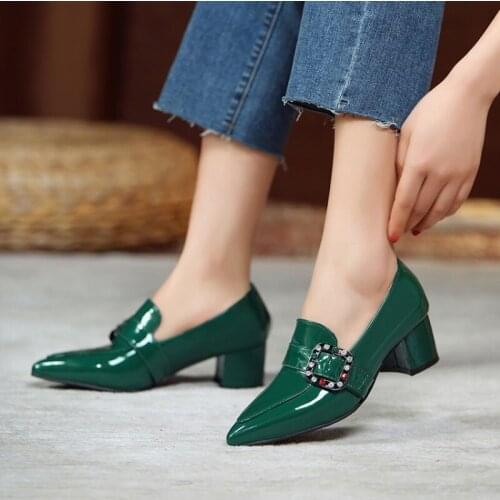 Spring and Autumn new fashion Pointed Thick heel Single shoes Bright diamond Profession Womens shoes high 5cm plus size 34-45