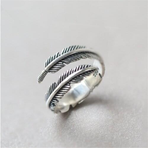 Vintage 925 Sterling Silver Adjustable Feather Rings For Women Party Wedding Jewelry jz384