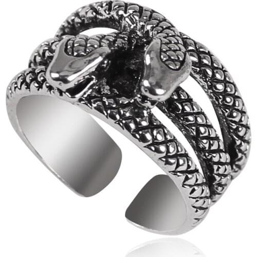 Retro Exaggerated Double Head Snake Ring Ancient Silver Color Opening Adjustable Ring Street Mens and Womens Gothic Jewelry