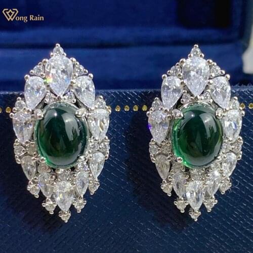 Wong Rain 925 Sterling Silver Oval Emerald Created Moissanite Gemstone Wedding Party Elegant Marquise Stud Earrings Fine Jewelry