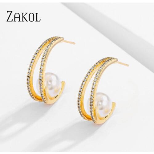 ZAKOL Women Elegant Pearl Hoop Earrings AAA Cubic Zirconia Fashion Earrings Wedding Party Jewelry Accessories FSEP2838