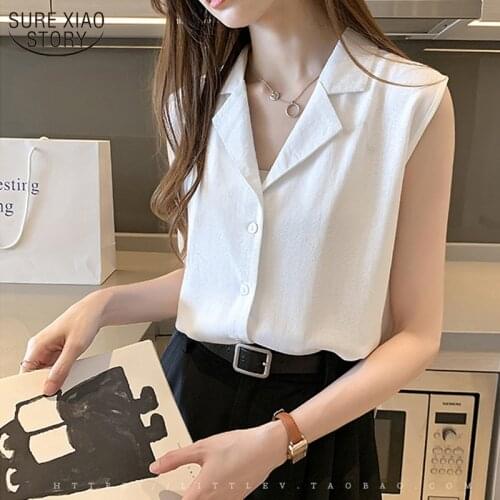 2021 Suit Collar Plus Size Women Clothing 4XL Summer New Sleeveless Shirts Women White Shirt Bottoming Cotton Blouse 10128