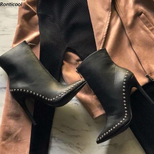 Ronticool Women Winter Ankle Boots Studded Front Zipper Sexy Stiletto Heel Pointed Toe Black Club Shoes Women Plus US Size 5-15