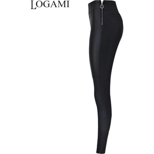 LOGAMI High Waist Pu Leather Pants Women Side Zipper Elastic Slim Faux Leather Womens Pants Moto&Biker Pencil Trousers Black