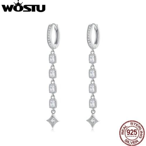 WOSTU 100% 925 Sterling Silver Geometric Long Earrings Dazzling Zircon Dangle Earrings For Women Korean Style Jewelry CQE583