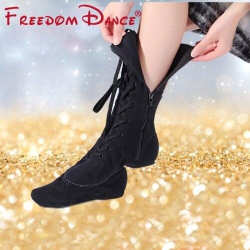 Side Zip and Lace Up High Dance Boots For Women Canvas Soft Ballet Jazz Dancing Shoes Street Dance Girls Stage Performance Shoe