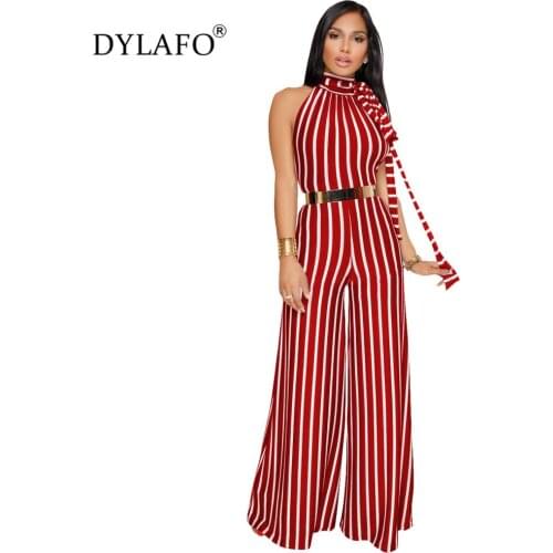 2019 Summer Autumn Halter Sashes Jumpsuit Women Sleeveless Casual Rompers Overalls Sexy Office Lady Striped Long Pants Jumpsuits