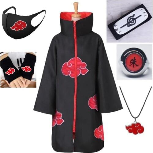 Akatsuki Cloak Costume 5 Pcs With Headband Necklace Face Mask Gloves And Ring Halloween Costumes Itachi Cosplay Cloak Long Robe
