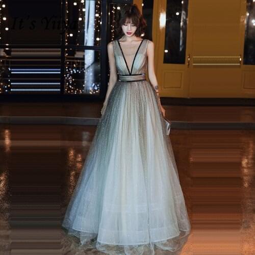 Its Yiiya Sleeveless Evening Dress Boat Neck Tulle Glitter Evening Dress 2020 Illusion Backless Lace Up Robe De Soiree K374