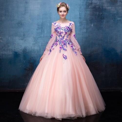 100%real pink puple flower embroidery long sleeve ball gown Medieval Renaissance queen Dress Victoria dress /princess Belle Ball