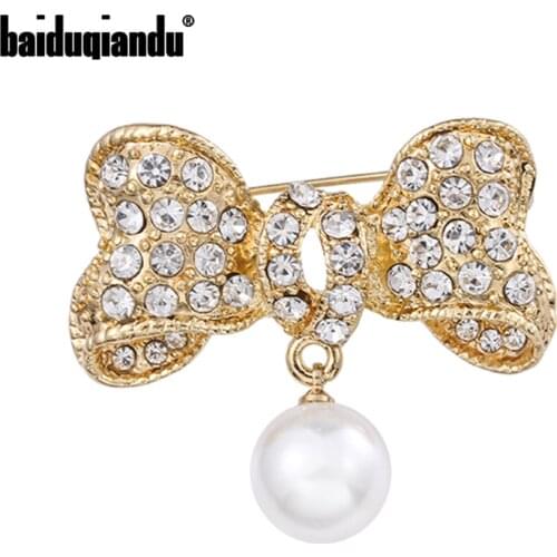 Baiduqiandu Gold Color Rhinestone Bowknot Brooches With Pearl Pendant Bow Knot Flower Party Office Brooch Pins Gifts