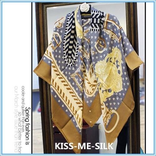 KMS V-shaped belt buckle silk twill print large square scarf mulberry silk scarf shawl for women 140*140CM/95G