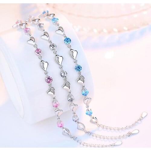 LEKANI 925 sterling silver new Jewelry Bracelet High Quality Retro Simple Colored Heart Shaped Cubic Zirconia Length 17CM + 4CM