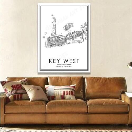 Black White Line KEY WEST Map Canvas Wall Art Print Modern Poster Wall Pictures Living Room Decor
