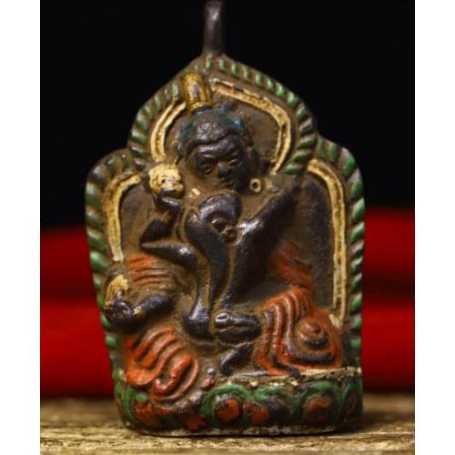 Home Decor 3" Tibet Buddhism Temple Old Bronze Tracing Happy Buddha Amulet Men and women double training amulet Pendant