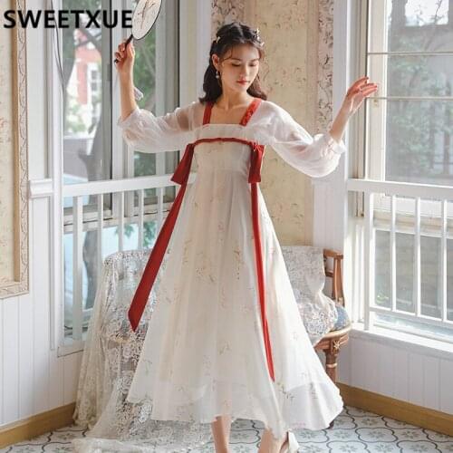 SWEETXUE Elegant Floral Retro Hanfu Vintage Dress 2021 Summer Party Kawaii Square Collar Loose Dress Female Vestido