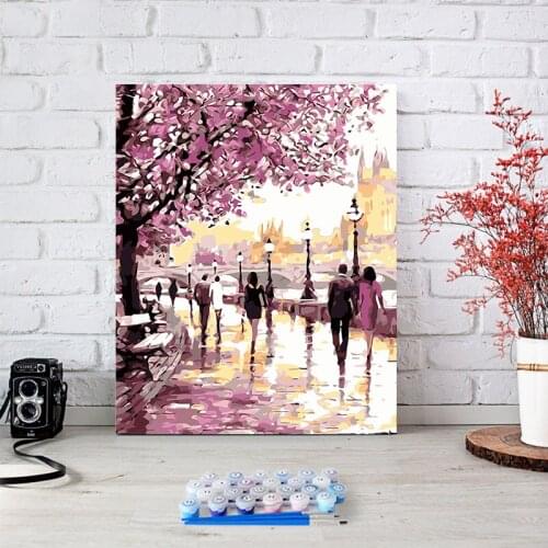 Riverside cherry blossom road 40x50 new diy digital oil painting living room floral decoration hand painting