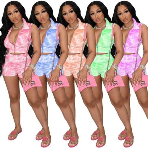 1L233 Summer Women Casual Fashion Sexy Navel V-neck Tie-dye Printing Two Piece Set Top and Pants Tracksuit Sweatsuit Outfits