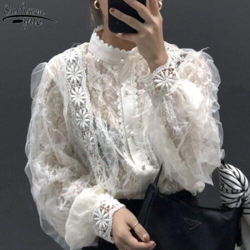 Korean Retro Lace Stand Collar Pearl Buckle Loose Long Sleeve Tops Lace Stitching Womens Shirts See-through Blouse Blusas 13339