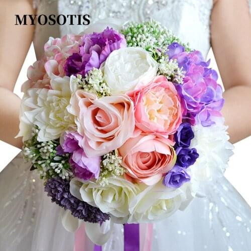 Beautiful Purple Pink White Mix Color Bridal Bridesmaid Flower Wedding Bouquet Artificial Roses Silk Flower Bride Hand Accessory