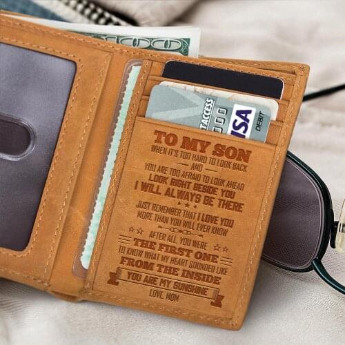 Mom To Son Mens Boys Wallet Genuine Engraving Laser Leather Purse Card Holder Three Fold Wallets Purses Christmas Gift