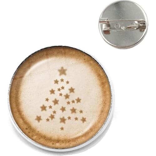 Coffee Latte Carving Love Heart 20mm Glass Cabochon Brooches Chocolate Printing Four Leaf Clover Charm Collar Pins For Women Men