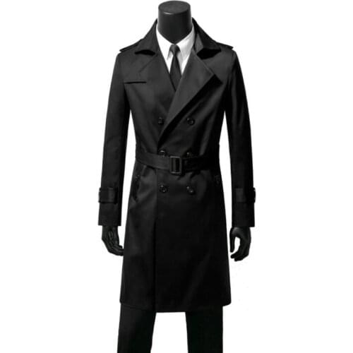 Double-breasted mens trench coats belt man long coat men clothes slim fit overcoat long sleeve black blue khaki brown autumn