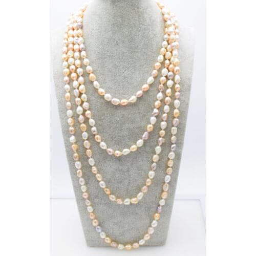 Freshwater pearl pink white purple baroque 7-8mm 130inch long necklace wholesale bead nature gift discount