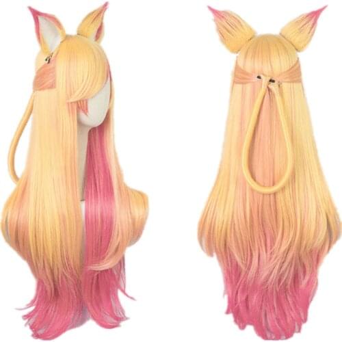 LOL Ahri Gumiho Star Guardian Golden Pink Mixed Color Ombre Wavy Wave Long Heat Resistant Hair Cosplay Costume Wigs + Wig Cap