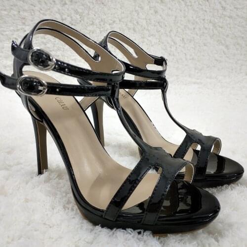 Sexy Black Patent Sandal High Heel Bridals Party Women Sandal Summer Open Toe Buckle T-Strap Stiletto Platform 12cm Heel Shoe