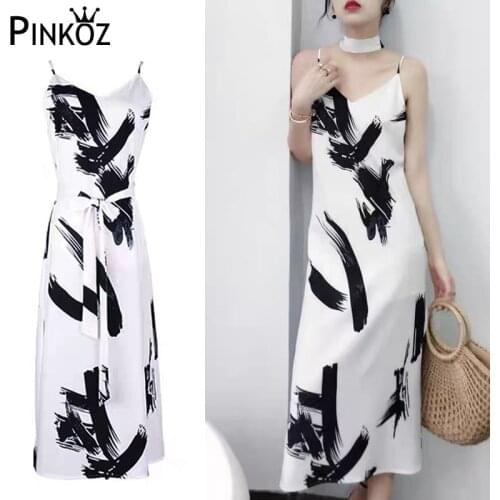 Pinkoz new arrival womens spring summer Vintage French dresses are sexy slit and ink printed spaghetti midi holiday beach dress
