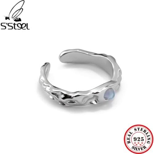 SSTEEL 925 Sterling Silver Moonstone New Texture Irregular Simple Opening Rings For Women Minimalist Punk Adjustable Jewellery