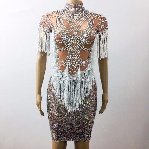 Sparkly Crystals Big Stretch Dress Womens Evening Party Wear Full Rhinestones Tassel Dress Prom Birthday Celebrate Outfit